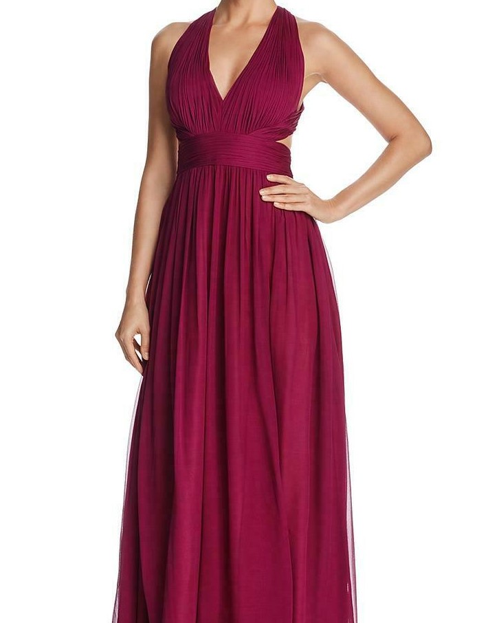 Halter Neck Silk Chiffon Pleated Gown Wine Purple AM