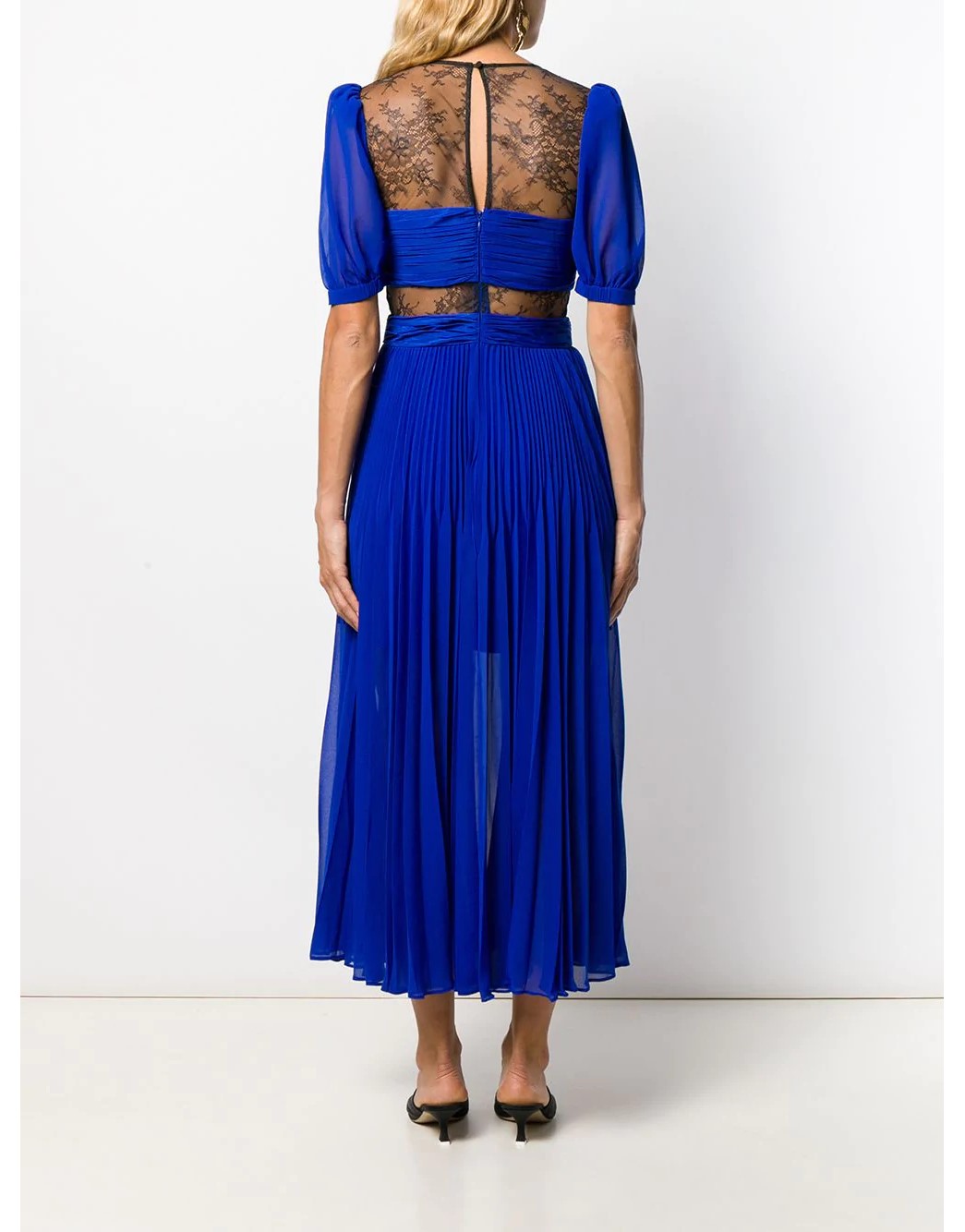 Lace Panel Pleated Chiffon Dress Blue Sp