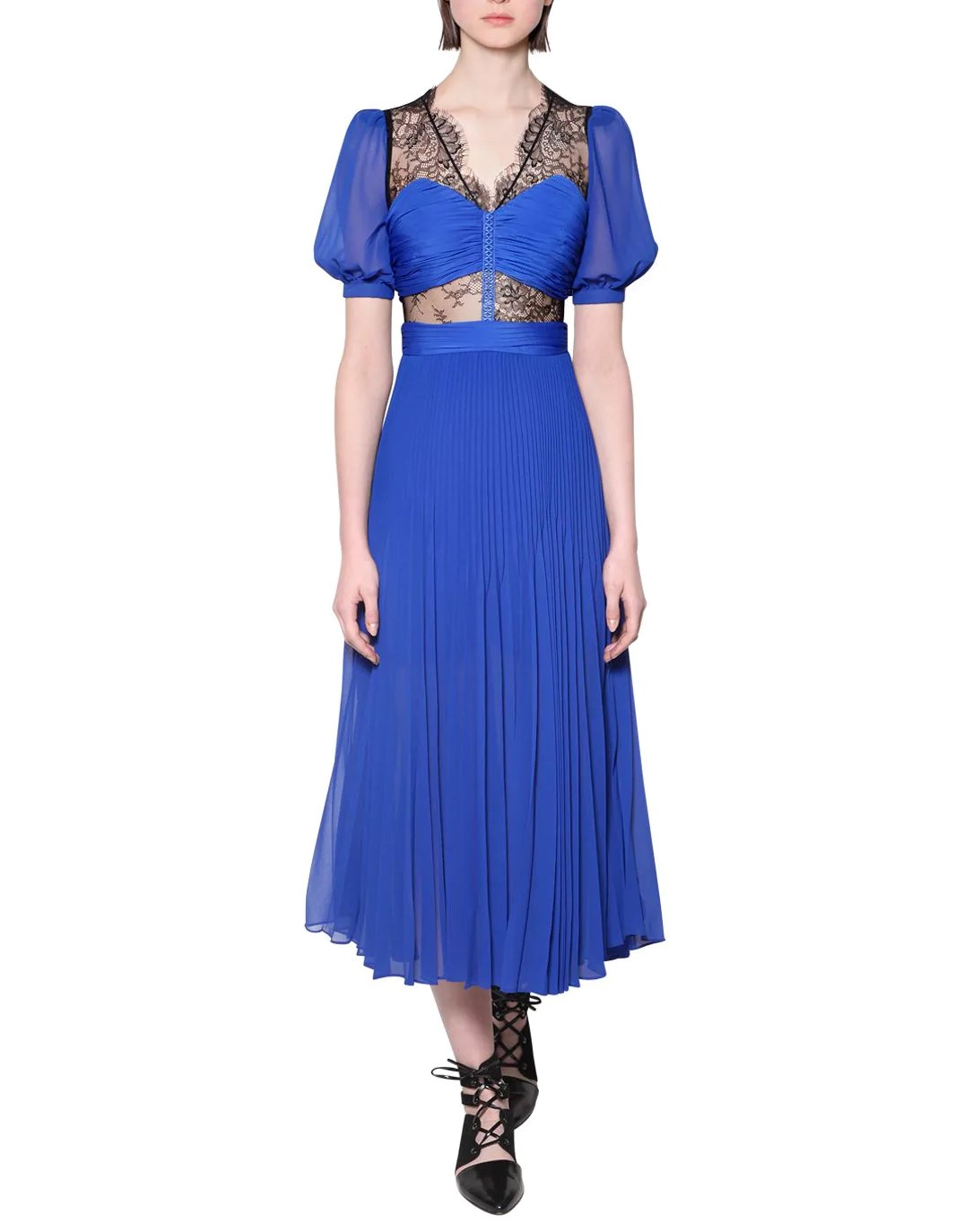 Lace Panel Pleated Chiffon Dress Blue Sp