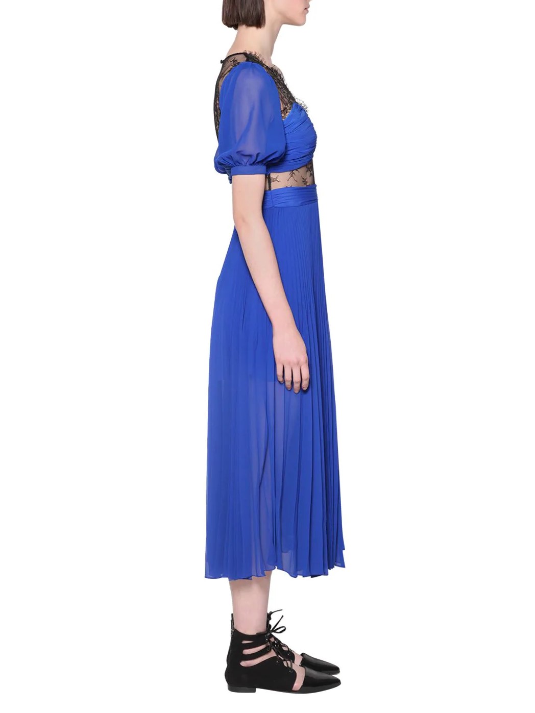 Lace Panel Pleated Chiffon Dress Blue Sp