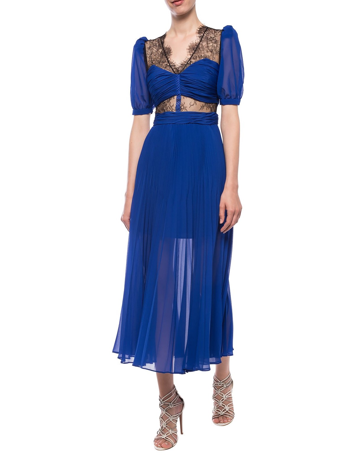 Lace Panel Pleated Chiffon Dress Blue Sp