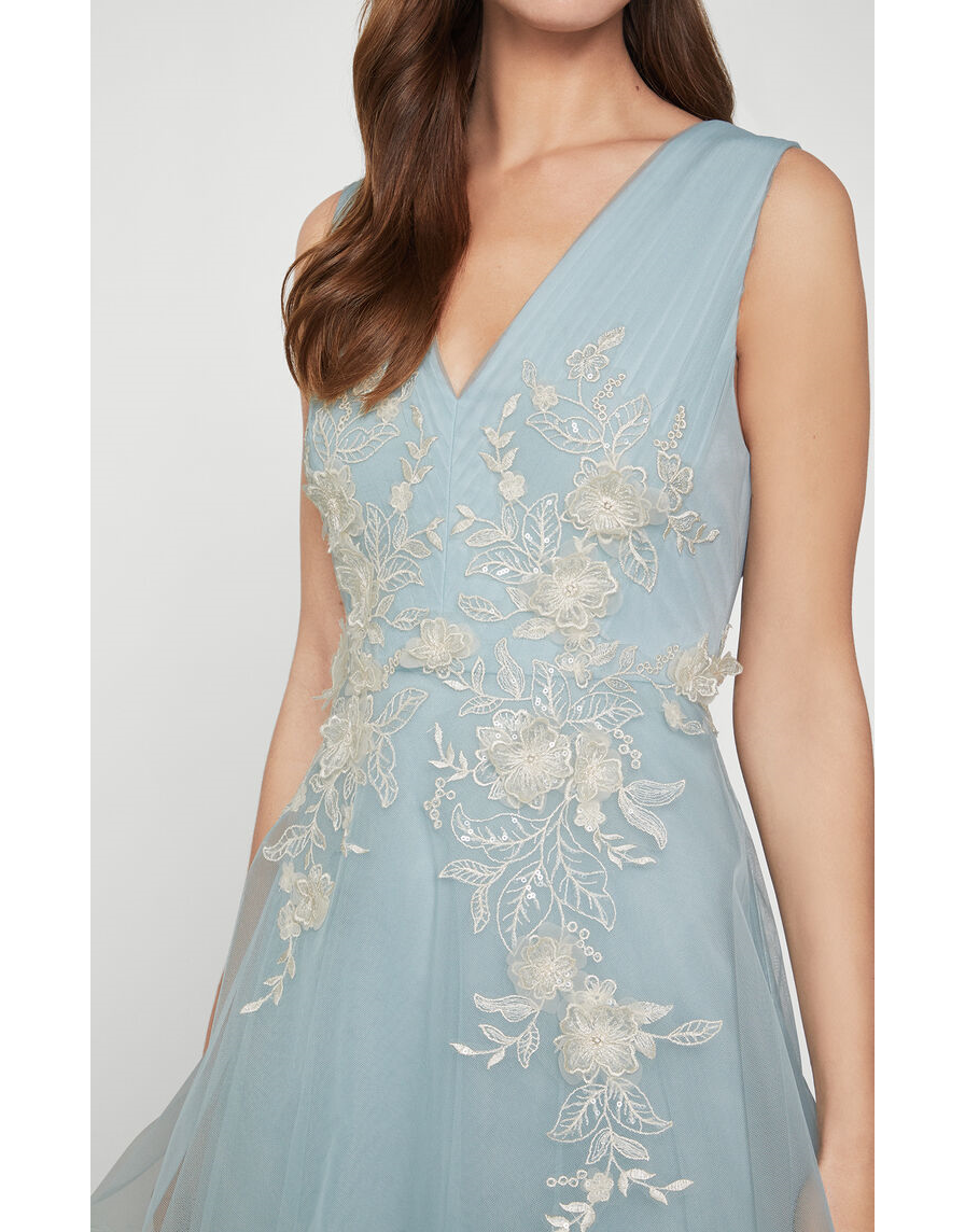 Metallic Lace Applique Tulle Gown Light Blue BG