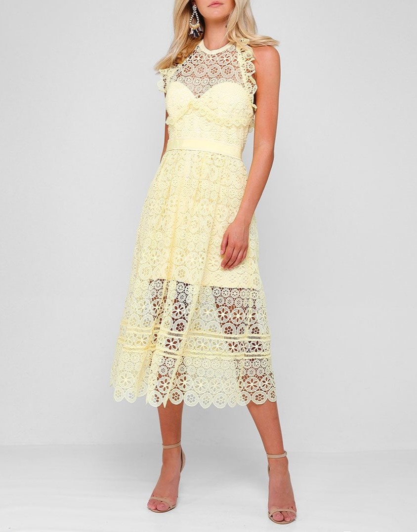 Circle Floral Lace Halter Midi Dress - Yellow (SP)