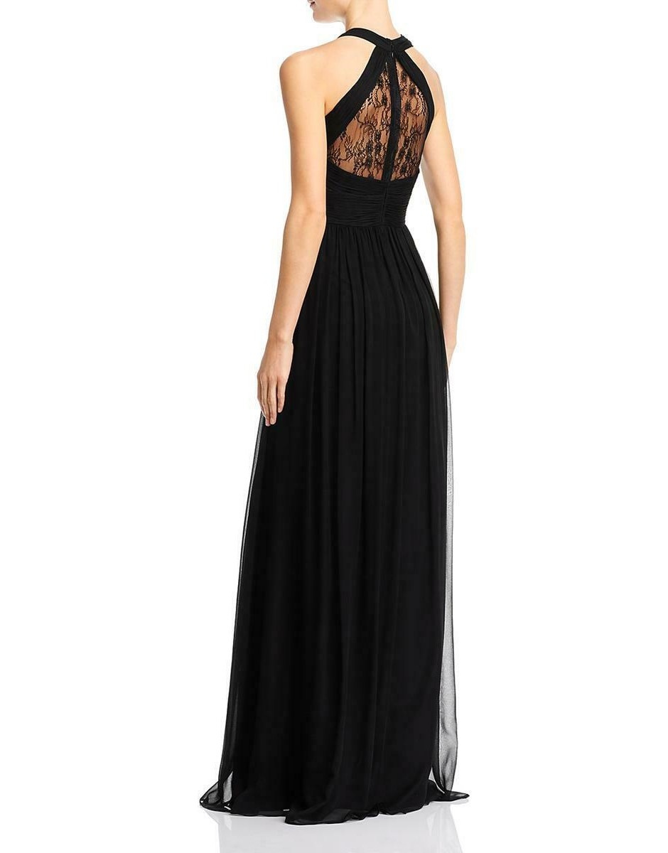 Lace Back Insert Halter Silk Chiffon Gown Black AM