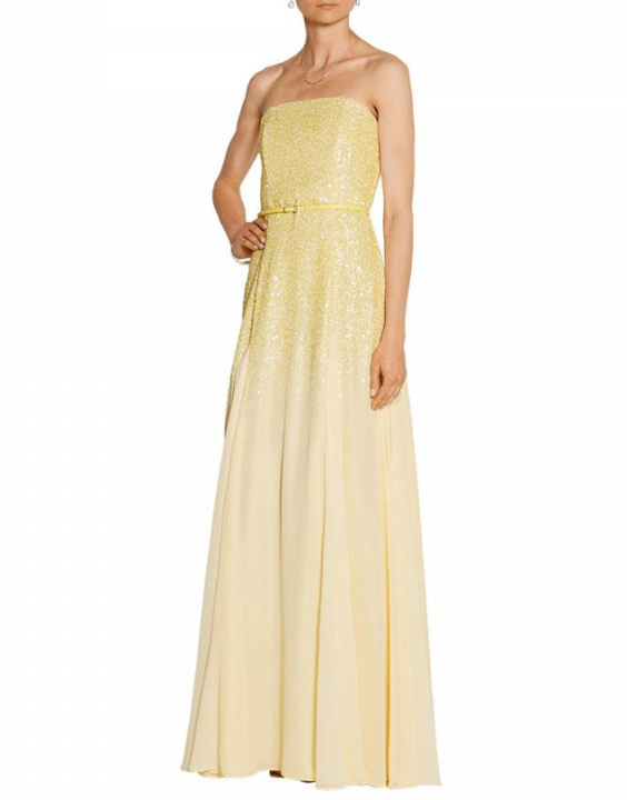 Chamomile Strapless Sequined Belted Georgette Gown Yellow HH