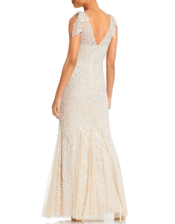 Beaded Bow-Shoulders Godet Gown - Ivory White (AM)