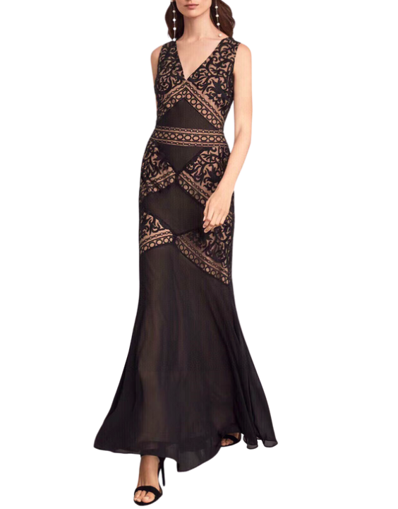 Embroidered Scrolling Motifs Maxi Gown Black BG