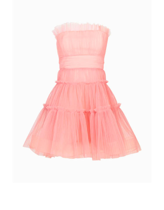 Strapless Tiered Tulle Mini Cocktail Dress Pink BG