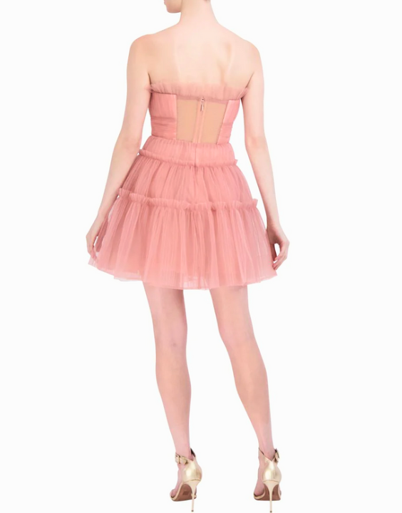 Strapless Tiered Tulle Mini Cocktail Dress Pink BG