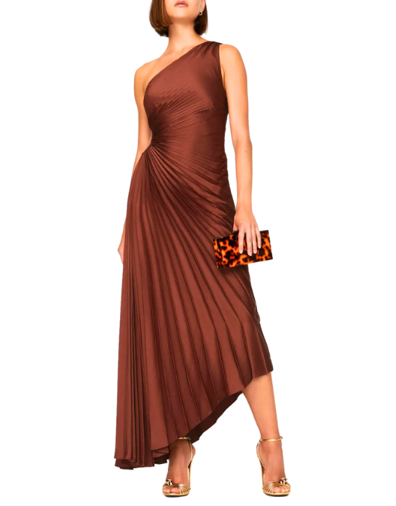 Delfina Satin One-Shoulder Pleated Gown - Brunette Red (ALC)