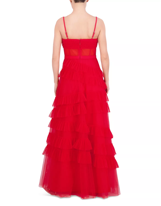 Sweetheart Corset Tulle Ruffled Gown Red BG