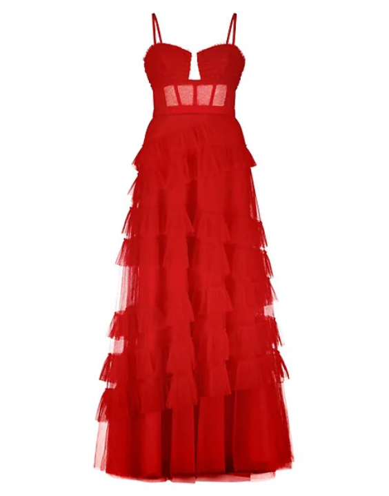 Sweetheart Corset Tulle Ruffled Gown Red BG