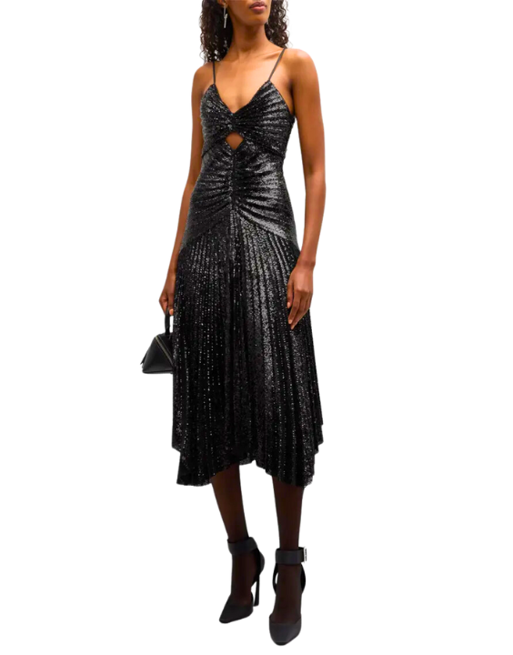 Lou Sequin Pleated Keyhole A-Line Midi Dress - Black (ALC)