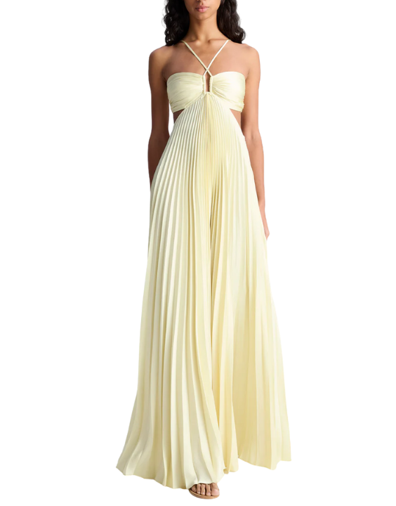 open lace back dress Moira Satin Pleated Maxi Dress