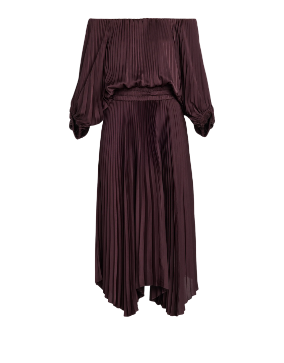 sienna satin pleated off shoulder midi dress A.L.C. Sienna Dress