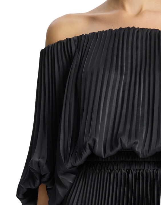 sienna satin pleated off shoulder dress A.L.C. Sienna Satin Pleated Off Shoulder Dress in Blue