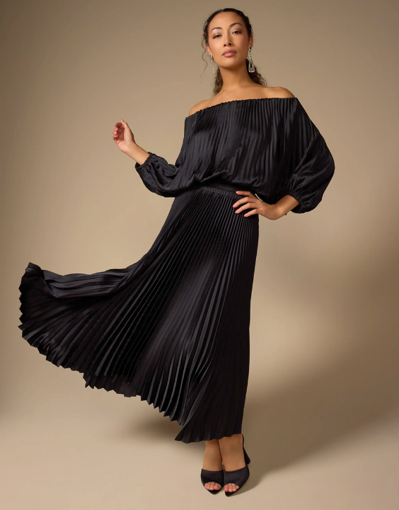 sienna satin pleated off shoulder midi dress A.L.C. Sienna Satin Pleated Off Shoulder Dress in Blue
