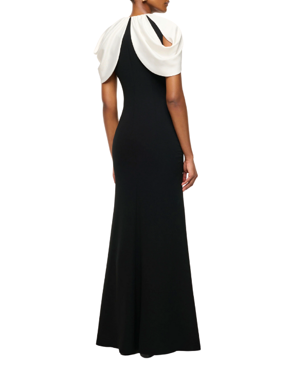 Gathered Shawl Crystal Trim Neckline Evening Gown - Black White (RM)