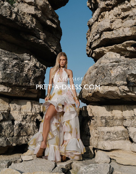 VIP Only: Fiaba Solare Halterneck Maxi Gown - White Pink Print (GG)  [Custom-made available. Contact us!]
