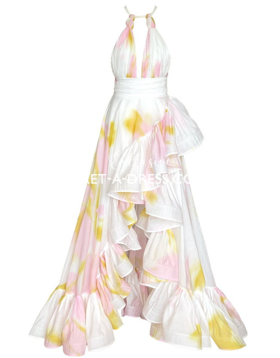 VIP Only: Fiaba Solare Halterneck Maxi Gown - White Pink Print (GG)  [Custom-made available. Contact us!]