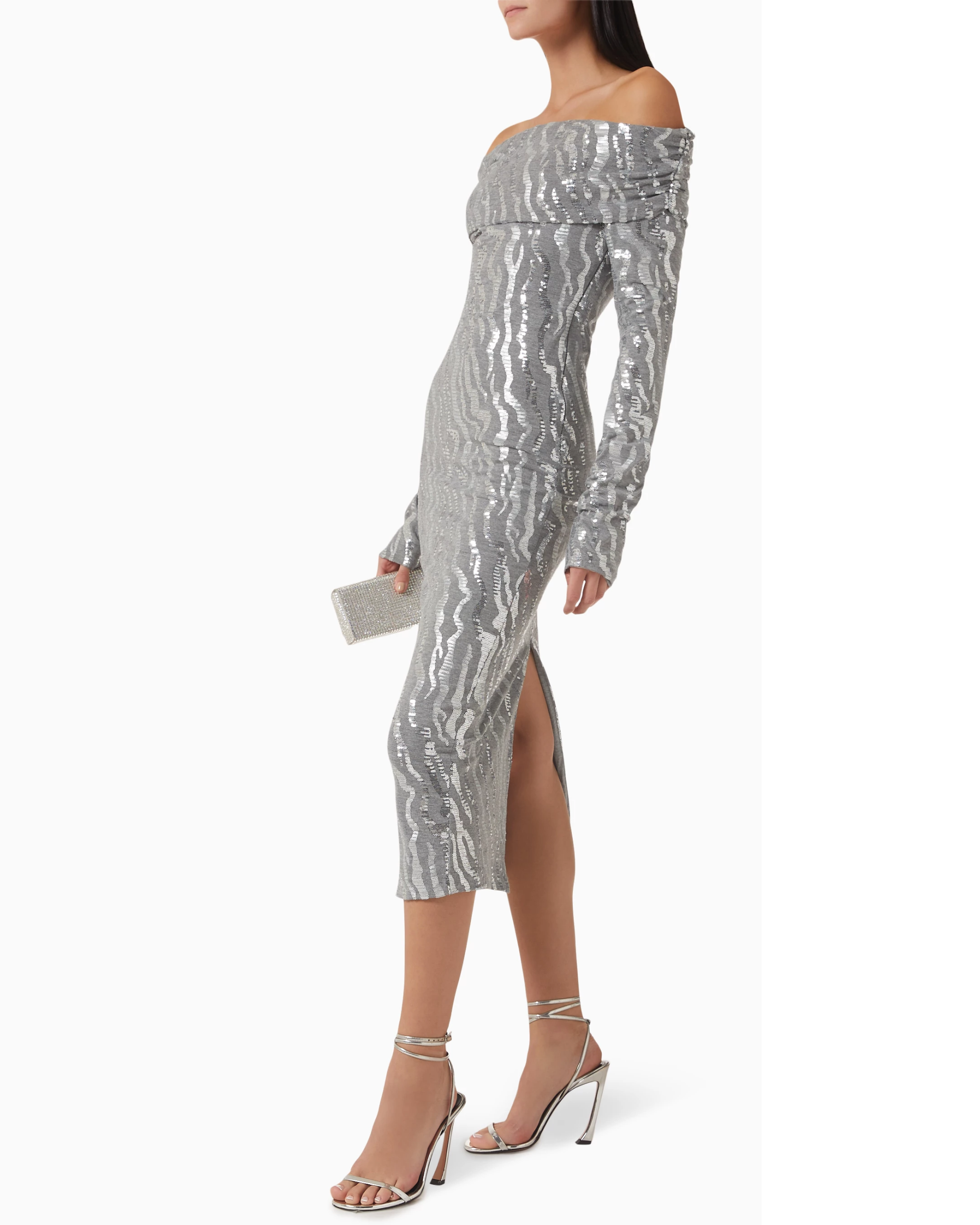 mac duggal tiered ruffle crew neck long sleeve midi dress Mac Duggal - Blue Long Sleeve V-Neck Micro Ruffle Midi Dress