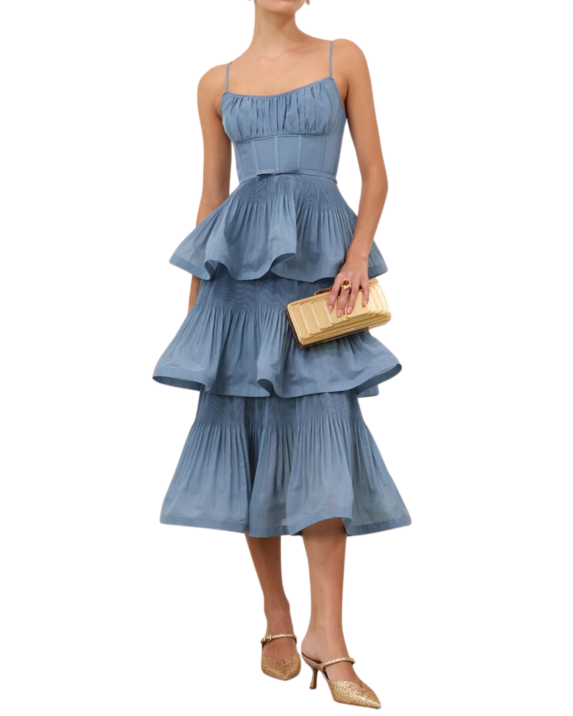 Tiered Bustier Pleated Voile Midi Dress - Deep Blue (ZIM)