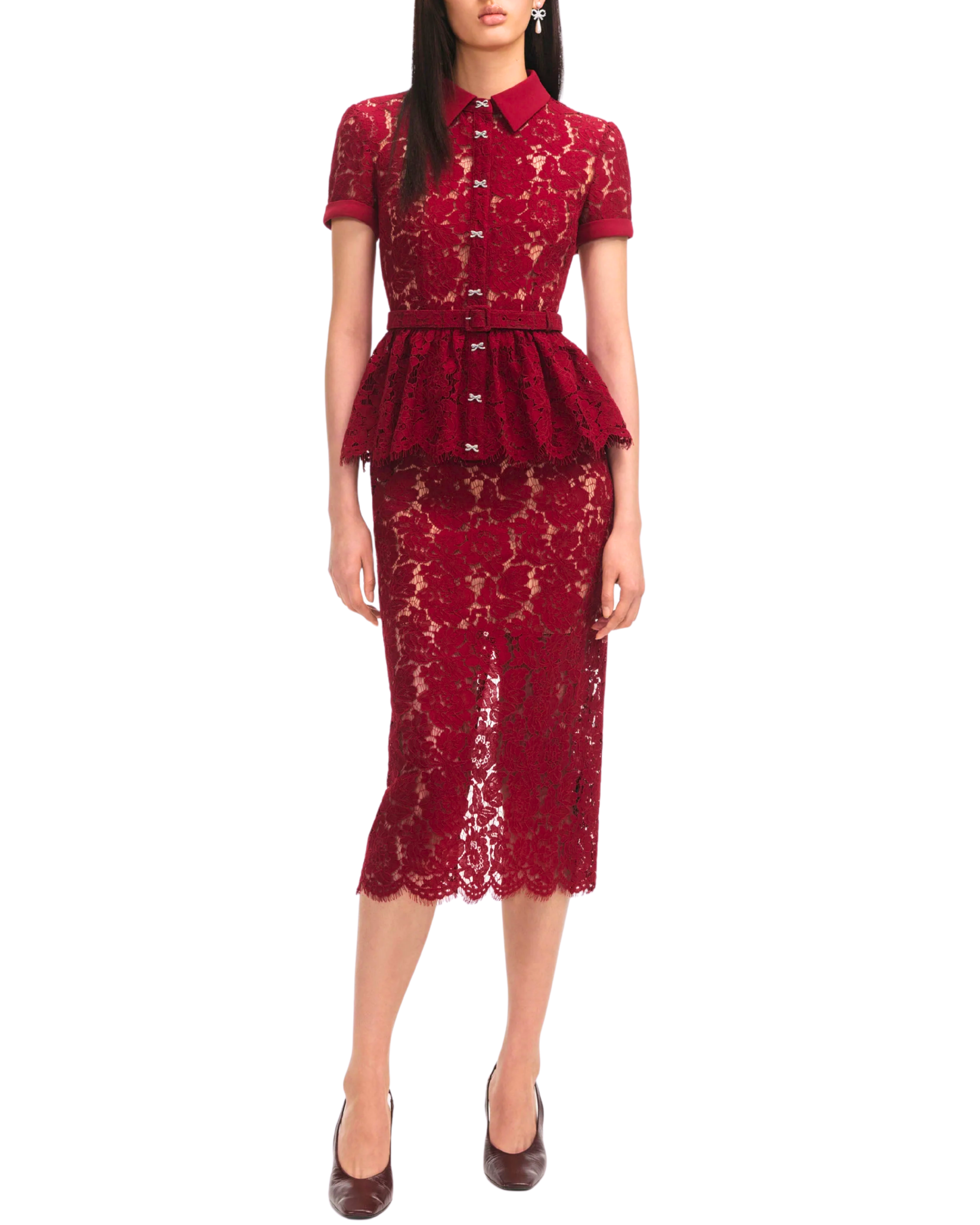 Collared Lace Peplum Belted Midi - Burgundy Red (SP) Collared Lace Peplum Belted Midi - Burgundy Red (SP)
