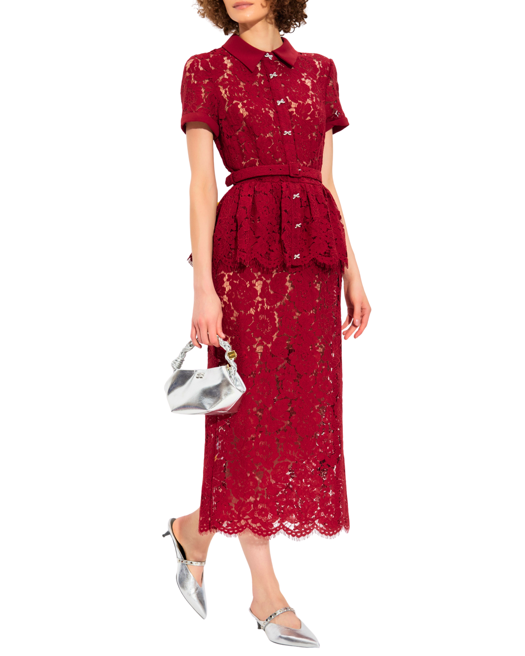 Collared Lace Peplum Belted Midi - Burgundy Red (SP) Collared Lace Peplum Belted Midi - Burgundy Red (SP)